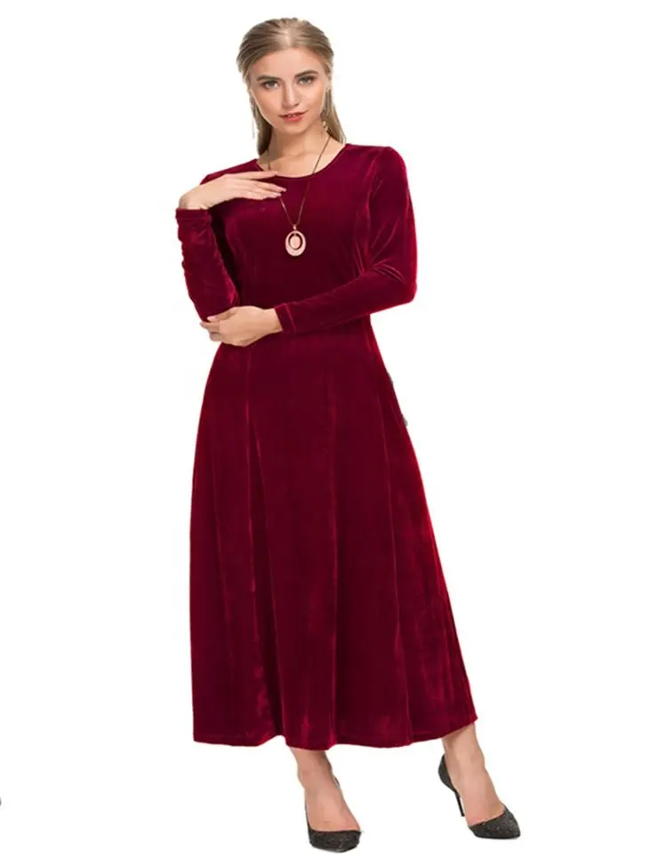 Vintage Velvet Scoop Neck Long Sleeve For Women Casual Elegant Maxi Dress