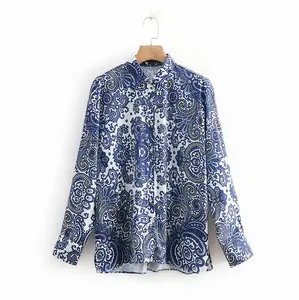 Stile orientale blu e bianco porcellana stampato shirt donna manica lunga primavera estate camicetta