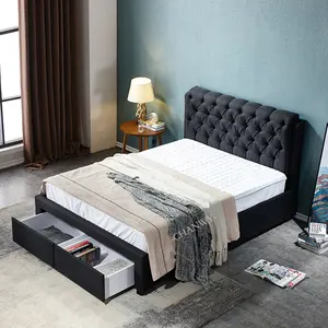 Moderno de lujo cama doble diseños y pie de cama dos cajones de muebles fábrica de tejido negro con botón