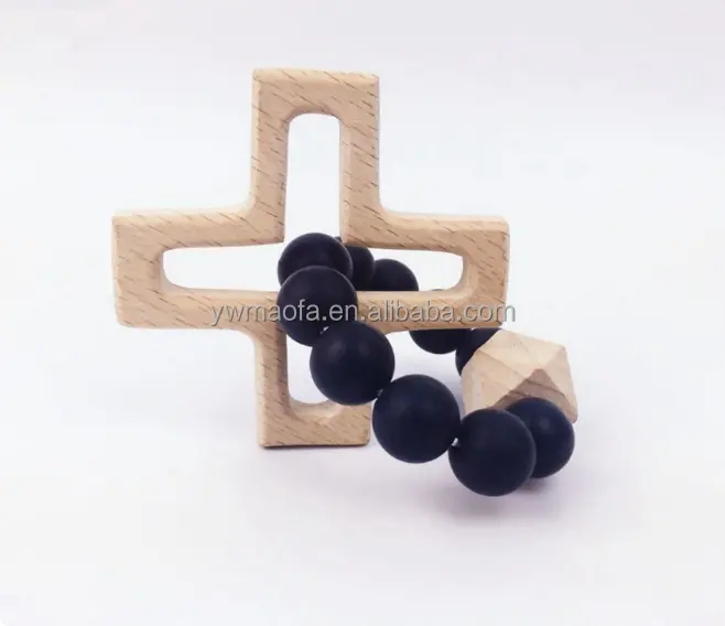 Venta al por mayor bebé DIY perlas de silicona dentición juguete cruz de madera sonajero mordedor pulsera MFB-102