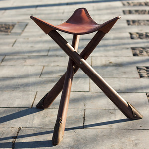 Antique Tripod Stool Solid Leather Wood <b>Foldable</b> Saddle <b>Chair</b> - Product Image 1