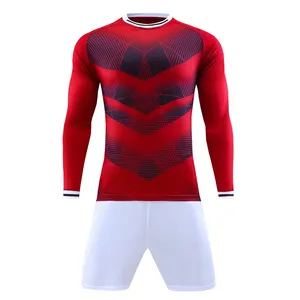 custom design long sleeve red soccer jersey and white shorts football uniform