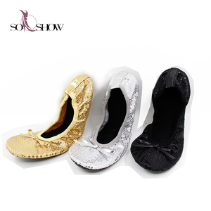 Sapatilhas femininas para festa, sapatos feitos na <span class=keywords><strong>china</strong></span> com glitter dourado, lantejoulas, baixos, sapatos de balé para senhoras - Product Image 4