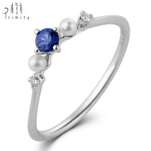 Bague exquise en or blanc massif 18 carats pour fête de mariage vintage saphir bleu naturel diamant perle d'eau douce pour femme - Product Image 3
