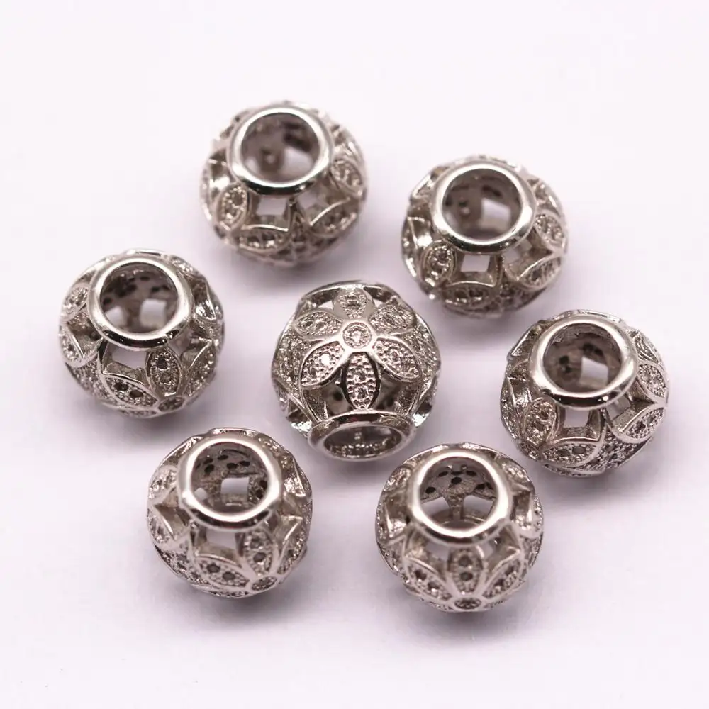 Silver Plated Large Hole Ball Shape Hollow Copper Charm Spacer Beads