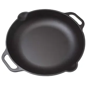 预先调味铸造圆形海鲜饭锅，带环形铁锅，13英寸，黑色