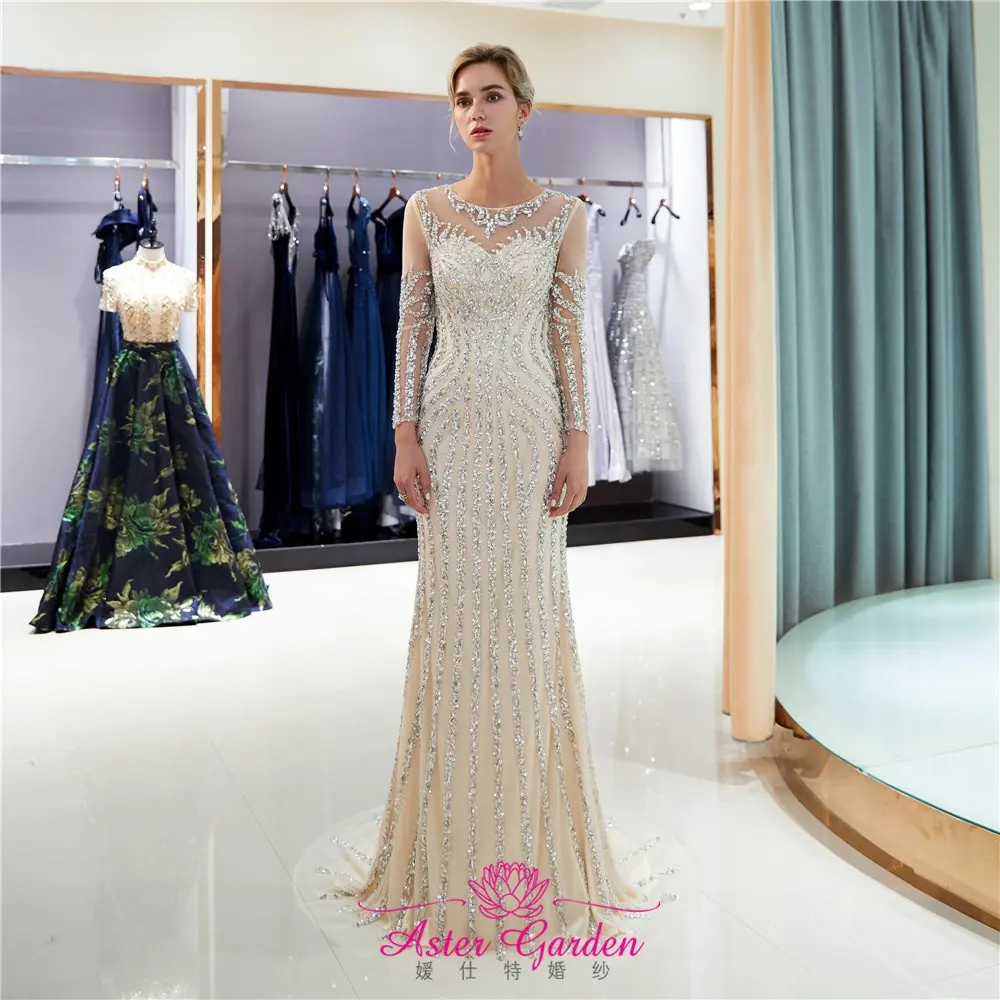 Luxury Beaded Evening Dresses Dài Tay Scoop Mermaid Prom Dress 2021 Xám Dài Beaded Evening Dress Robe De Soiree PE08-2