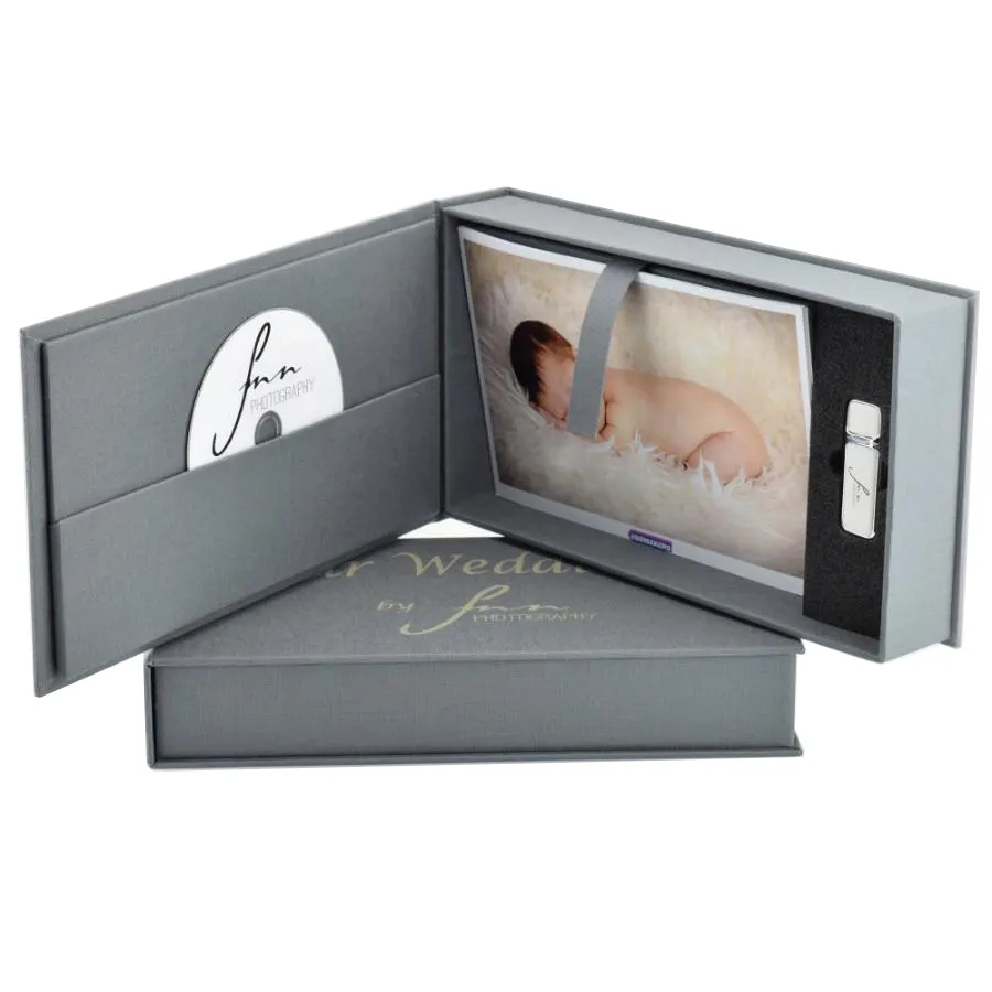 Di lusso di cartone di carta di divisori chiusura magnetica rigido usb cd dvd del bambino fotografia album di nozze scatole regalo di imballaggio