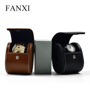 Fannxi — boîte de <span class=keywords><strong>montre</strong></span> en cuir PU noir, personnalisée, boîte à bijoux ronde à coudre, emballage marron - Product Image 4