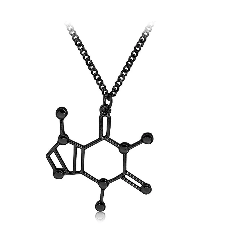 Ожерелье с кулоном в виде молекул кофеина, подарок BFF, модные простые украшения для мужчин и женщин, Черное золото, серебро