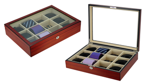 Factory Customization Handmade Wooden <strong>Tie</strong> <strong>Box</strong> Cherry 12 Slots Mens Packaging Belt <strong>Box</strong> With Clear Glass Lid - Product Image 2