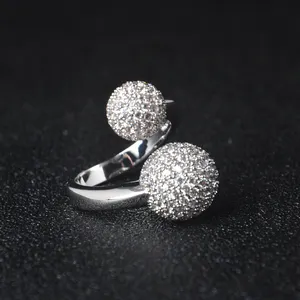 Fedi nuziali di fidanzamento con promessa minimalista regolabile ad alta lucidatura anello a fascia aperta con doppia sfera Color argento