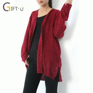 Giftu 86066 #2018 женский красный Свободный вязаный кардиган свитер с блестками