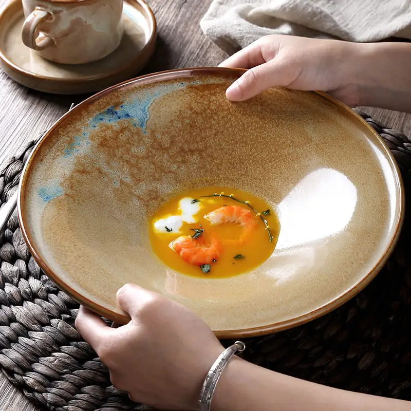 Platos de cena de ensalada redonda para restaurante de cerámica de 10,5 pulgadas, platos de sopa de pasta de porcelana de hotel personalizados, venta directa de fábrica