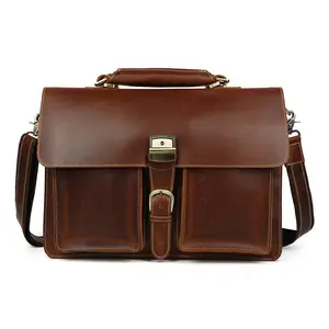 TIDING Burgundy Crazy Horse Leather 16 inch Laptop Briefcase Men's Business Office Handbag Briefcase Bag