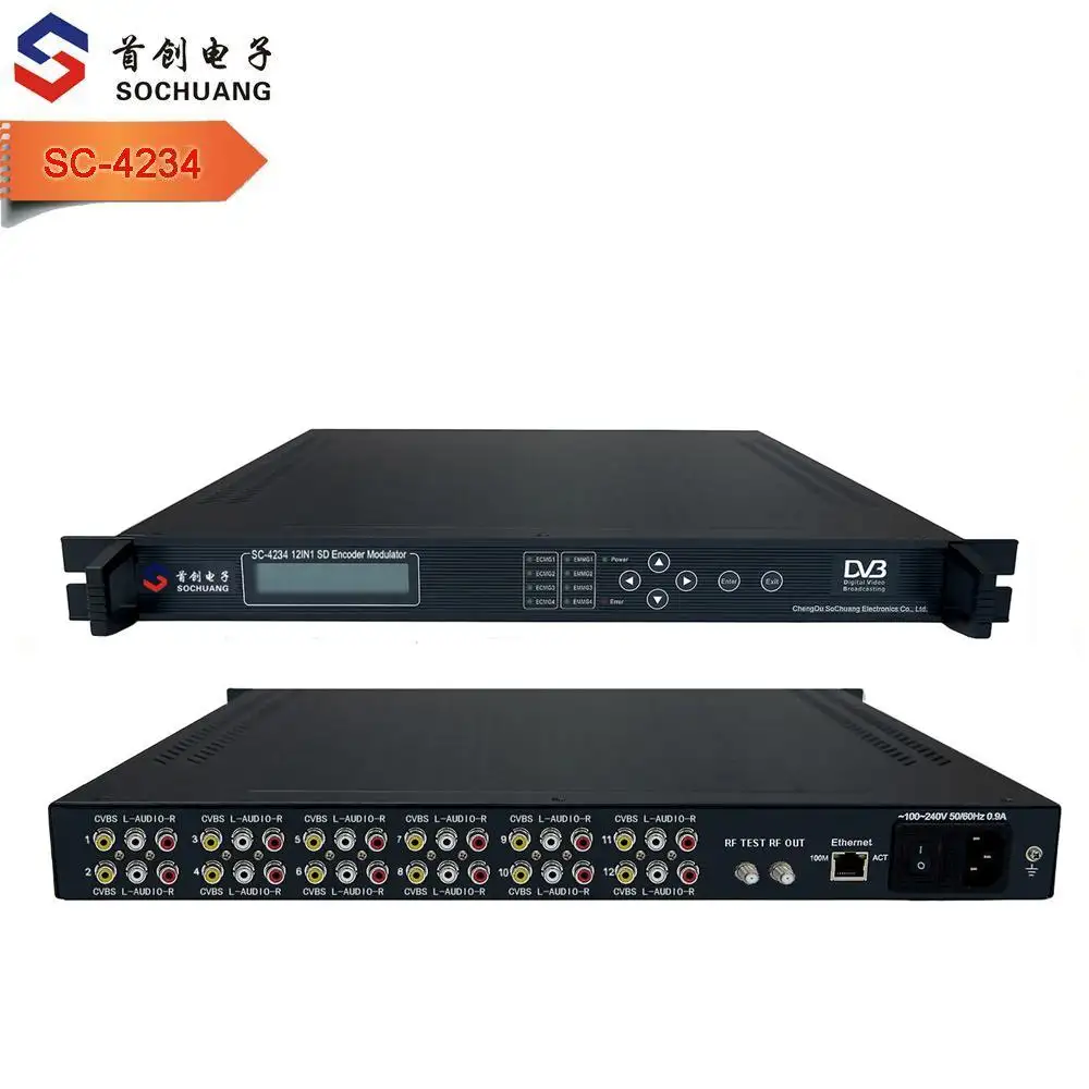 SC-4234 12 channels cvbs av to rf modulator with mpeg2 mpeg4 avc h 264 encoder dvb-c modulator