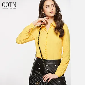 OOTN Spring Autumn Lady Work Clothing Chinese Style Yellow Women Button Down Female Long Sleeve Office Tops Chiffon White Blouse