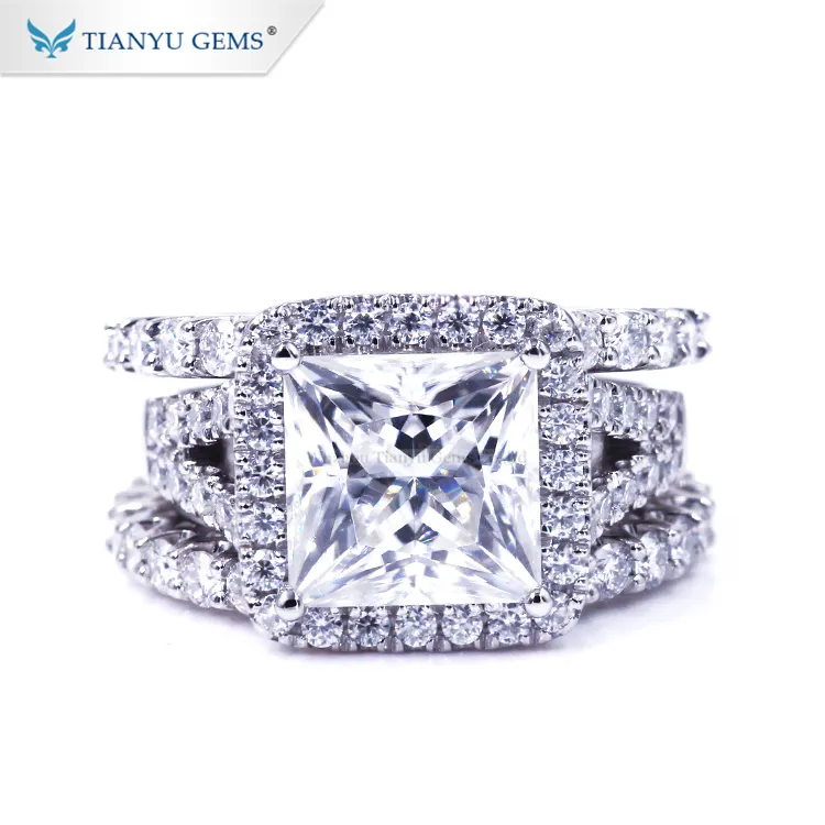 Tianyu gemme 14 k/18 K solido oro bianco anello di 8.5*8.5 millimetri principessa incolore moissanite anello di fidanzamento in oro set di anello di nozze