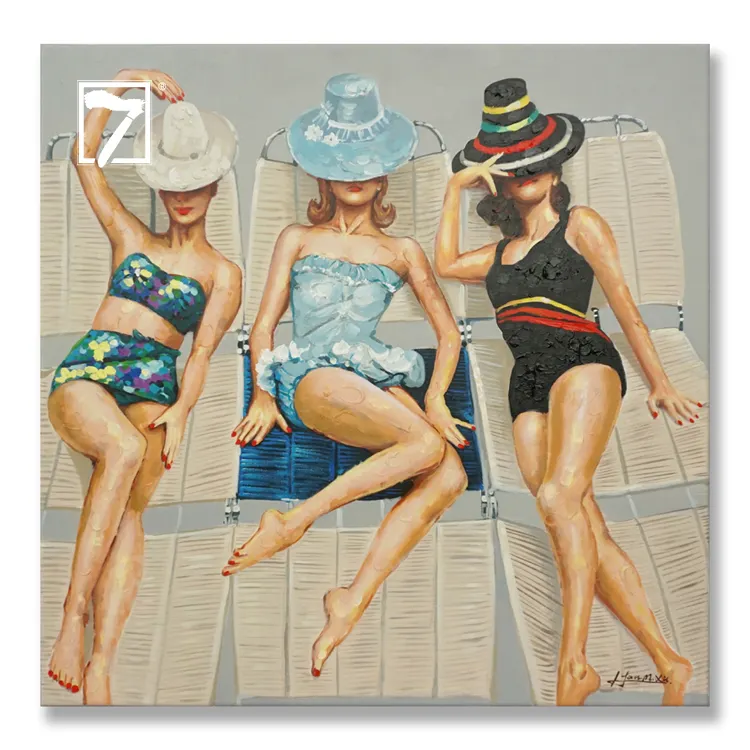 Hand-Painted Vintage Acrylic Painting Swimming Girls Sunbathing Oil Painting for Wall Decor