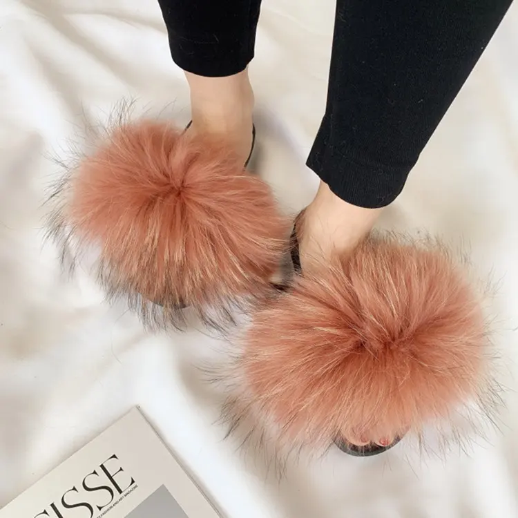 อินเทรนด์จริงที่กำหนดเองรองเท้าแตะสไลด์,Mink FUR Plush Furry Fluffy รองเท้าแตะ, ขายส่งผู้หญิงฟ็อกซ์ขนสไลด์รองเท้าแตะรองเท้าแตะ