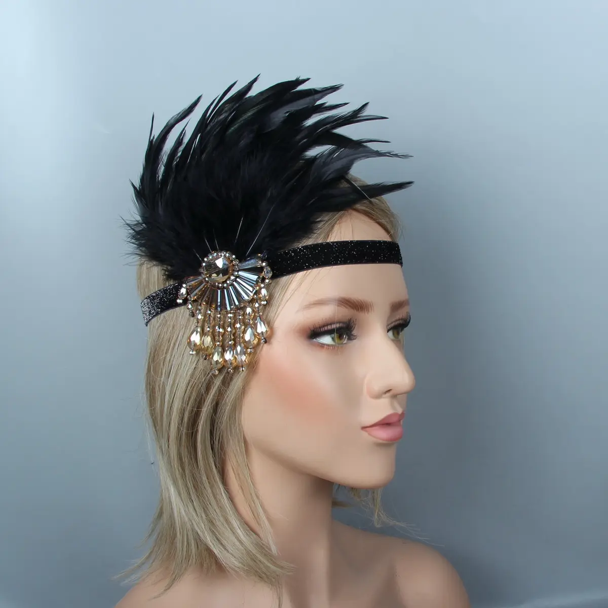 Top Sale Luxury Diamante Gold Shiny Rhinestones And Chain Wedding Hair Headband Black Feather Bridal Hair Accessories