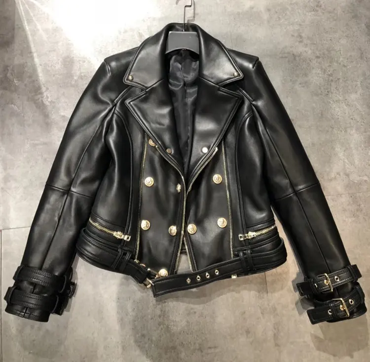 Hot design korean fashion slim fit short jacket double breased woman lamb nappa leather coat cool black genuine leather jacket