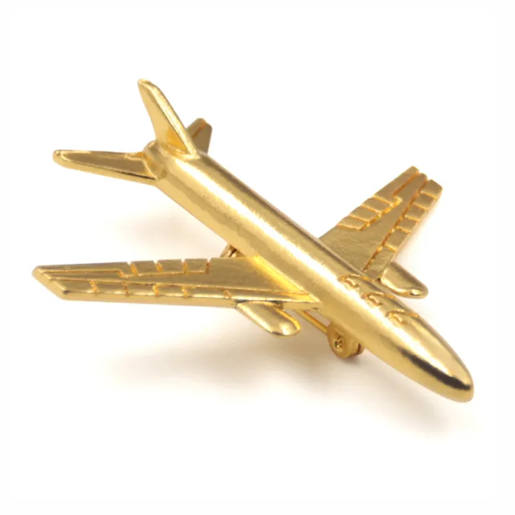 custom full 3D metal gold plating plane shaped lapel pin