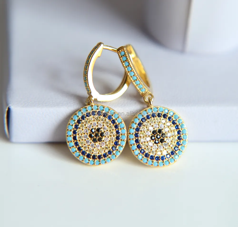 2023 Kualitas Tinggi 925 Sterling Silver Menjuntai Bulat Charm Micro Pave Nano Turquoise Wanita Musim Panas Anting-Anting