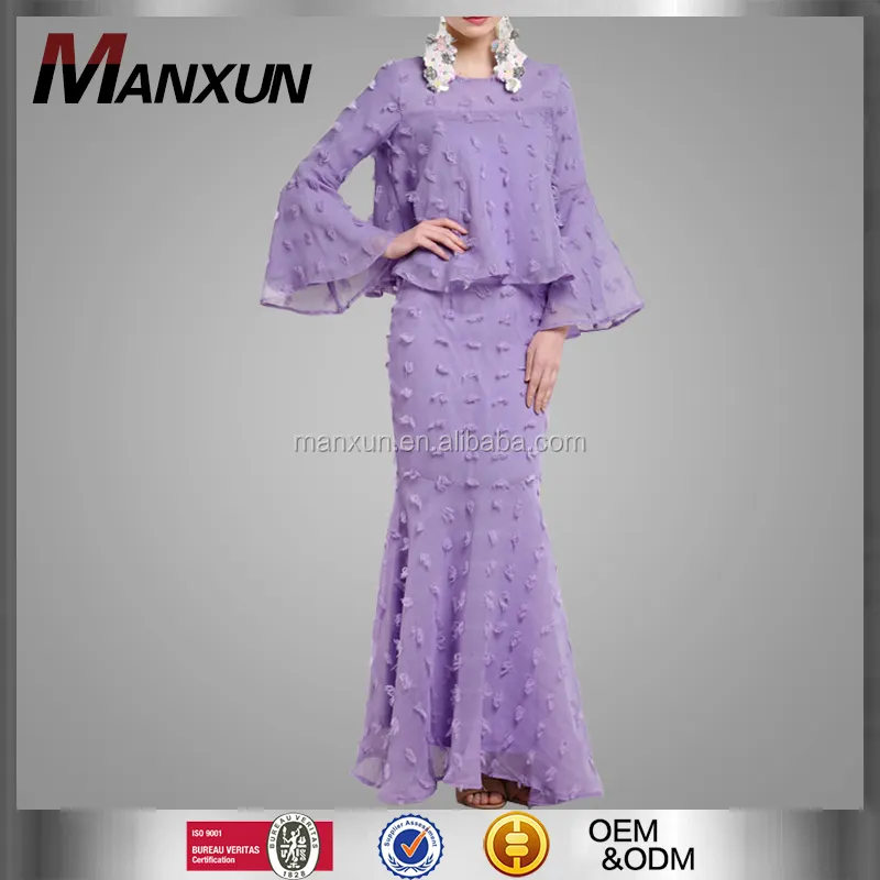 बैंगनी Baju Kurung ईद आधुनिक Kebarung मलेशिया पोशाक Abaya के लिए बड़ा आस्तीन Peplum Baju Kurung