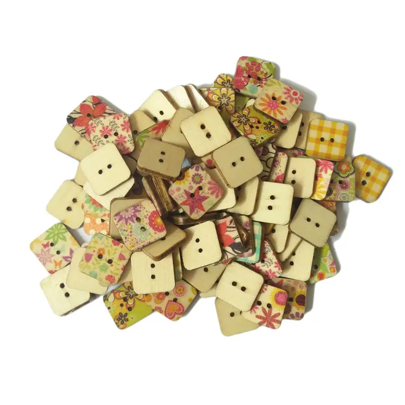 15MM 2-Hole Button Square Printing Flower Natural Wood Slice Button For Ornaments
