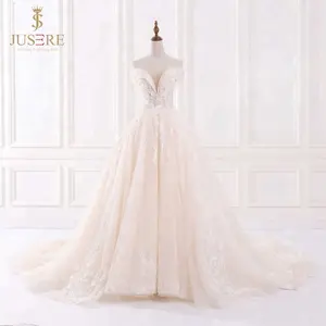 Đẹp Sheer V Đường Viền Cổ Áo Thiết Kế Sequined Hoa 3d Cheapel Train Jusere Ả Rập Saudi Wedding Dress Off Shoulder