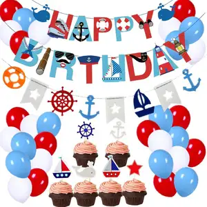 Umiss 77Pcs मल्लाह समुद्री विषय बैनर, गुब्बारा, केक अव्वल बच्चों एहसान के लिए खुश जन्मदिन की पार्टी की आपूर्ति
