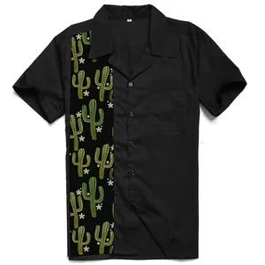 Streetwear कपास कपड़े चीन थोक कस्टम कैक्टस प्रिंट काले पुरुषों शर्ट