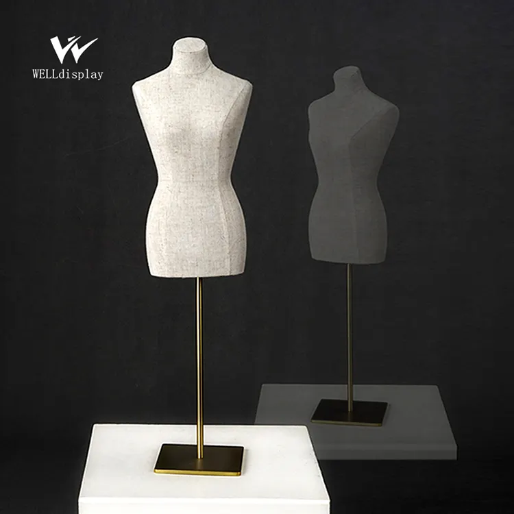 linen fabric cover female mini bust mannequins with gold base