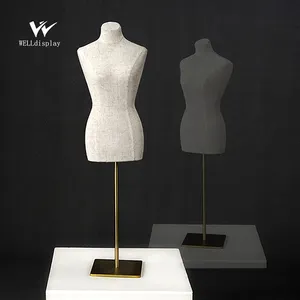 リネン生地カバー 女性ミニバストマネキン ゴールドベース付き - Product Image 1