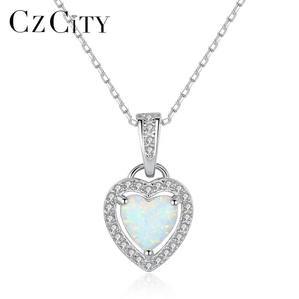 CZCITY Delicate Opal Stone Heart Pendant Necklace 925 Sterling Silver Chain Link Necklace Women Jewelry