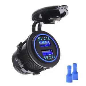 Carro barco motocicleta caminhão marítimo 12v duplo, usb c & usb a, porta dupla, tomada 4.2a com led azul para smartphone tablet