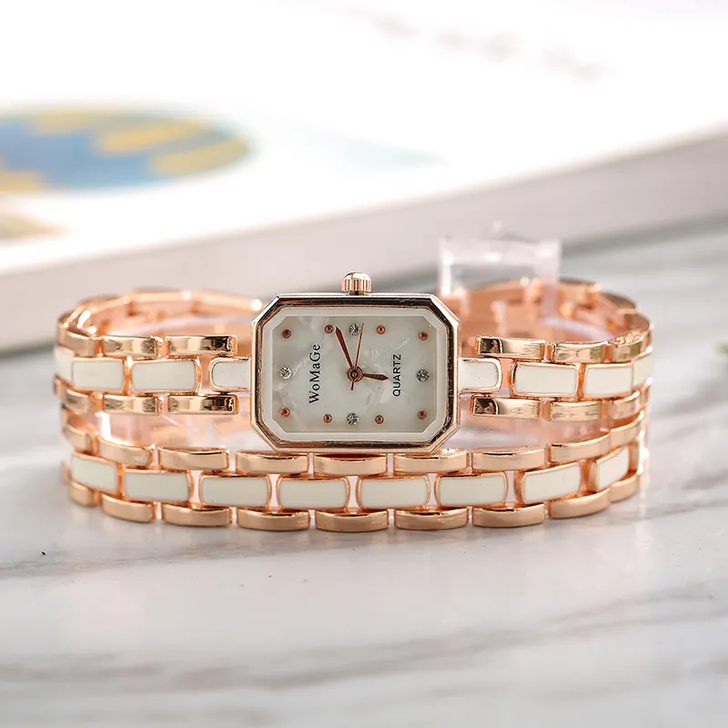 Relógio feminino moderno, novo design, pulseira de liga de duas camadas, elegante, quadrado, mostrador de cristal, quartzo, marca, relógio feminino, womage