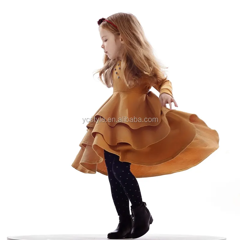 Moda kız pamuk longsleeve kış için üçlü katman twirly ile elbise