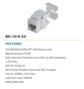 RJ45 CAT5E CAT6 CAT6A UTP 180 Derajat Keystone Jack Modular Produsen