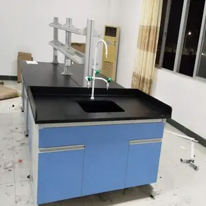 Bangku Kerja Tahan Kimia Bingkai Baja Furnitur Laboratorium dan Kayu Di Bawah Atas Meja Kerja Lab Kabinet Penyimpanan dengan Wastafel