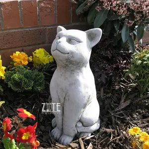 Statue de chat souriant en marbre de pierre de granit grandeur nature de jardin extérieur