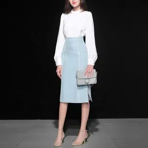 OEM Baru Trendi Halter T SHIRT Biru Langit Garpu Rok Kantor Formal Suit Wanita 2019