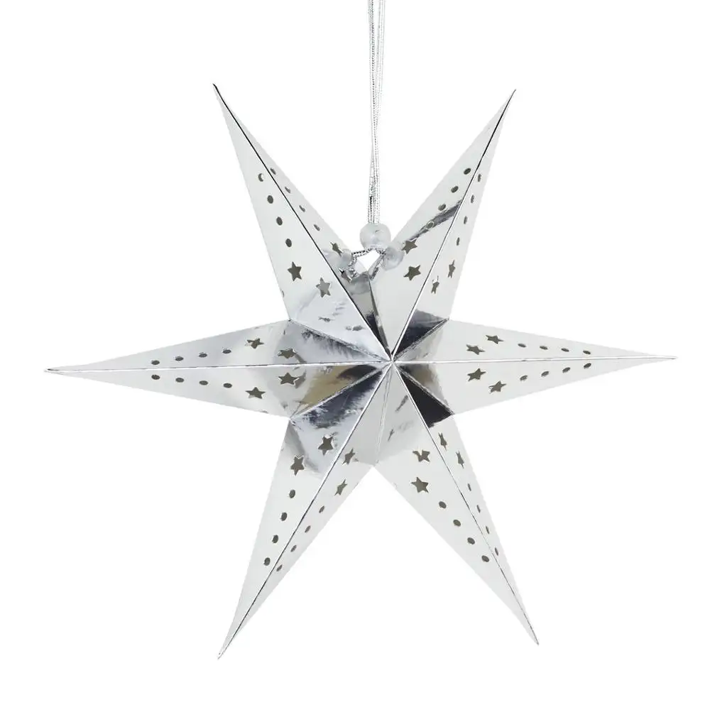 Atacado de natal seis pontos estrela prata metálica estrela lanterna pendurada enfeites papel estrela para decoração de festa