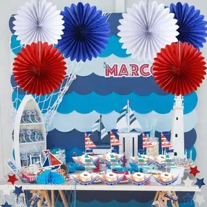 Verjaardagsfeestje Papieren Decoraties In Zeilboot Zee Wereld Stijl Kits Met Poms, Lantaarns, Banner, Ventilator, cupcake Topper, Honingraat