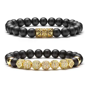 Good Sale Zircon Charm Beads Bracelet Jewelry Accessories Black Matte Onyx Natural Stone Beads Charm Bracelet for Men Women