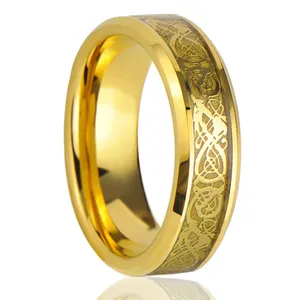 Fashion Gold Ring Dragon and Yellow Carbon Fiber Tungsten Carbide Ring