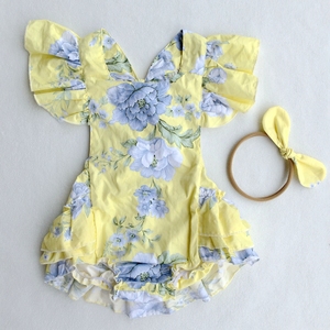 Оптовая продажа, детская одежда комплект одежды для маленьких девочек из мягкого хлопка с рюшами и цветами, с головной повязкой для новорожденных - Product Image 4