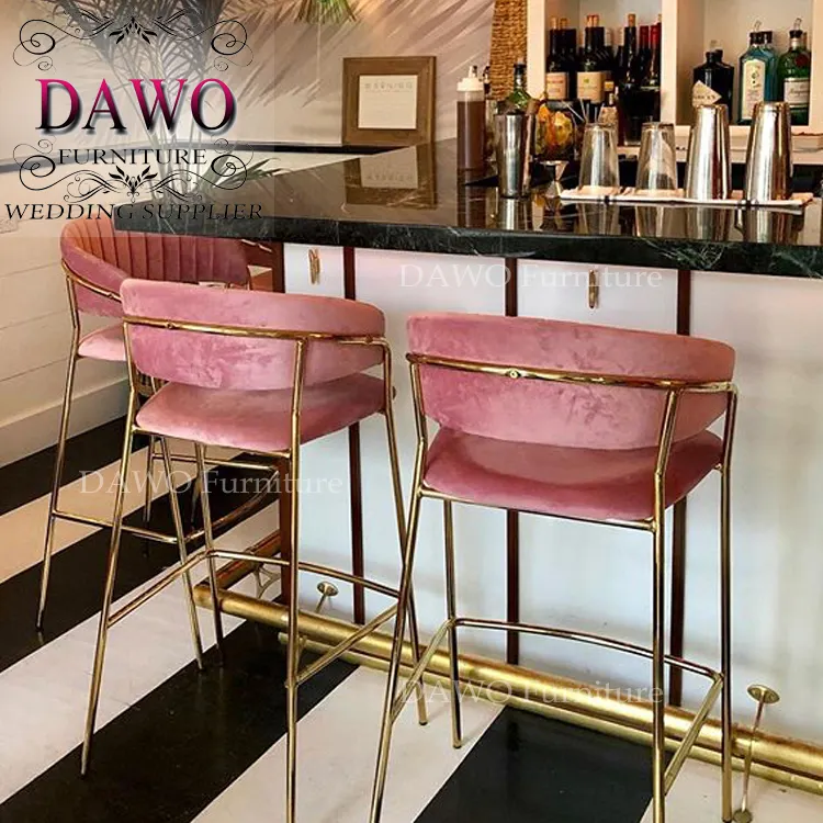 Wholesale high stainless steel frame pink velvet bar stool for parties