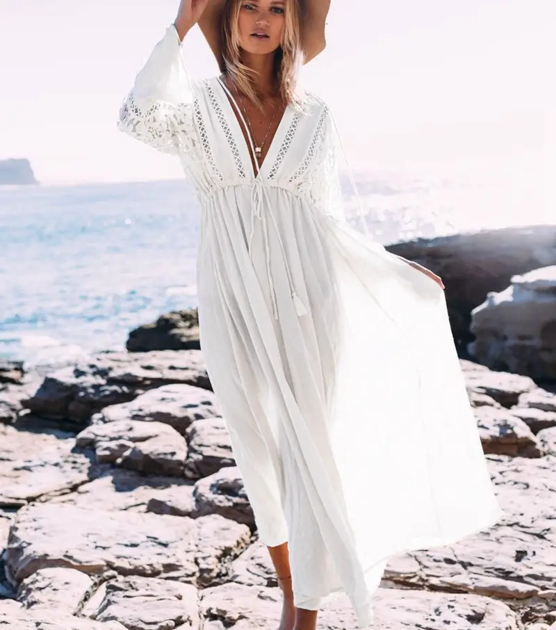 New Long Cotton Beach Cover up White cover up Swimwear Women Swimsuit cover up Lace Patchwork Vestido Largo Playa Pareo Tunics